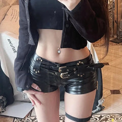 BXOXO New Sexy Low Waist PU Leather Pants Artificial Lederhosen Summer Elastic Belt Casual Shorts Women