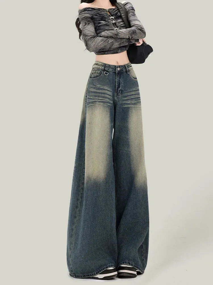 Bxoxo Women Streetwear Retro Jeans Loose High Waist Y2K Denim Pants Casual American Harajuku Fall Female Pockets Wide Leg Trousers New
