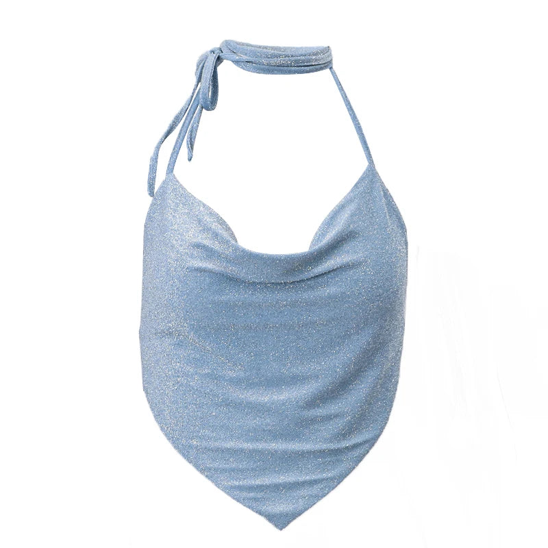 Bxoxo Y2K Shinny Backless Tank Top Sexy Deep V-neck Bandage Halter Crop Tops Aesthetic Irregular Shape Skinny Slim Women Camis