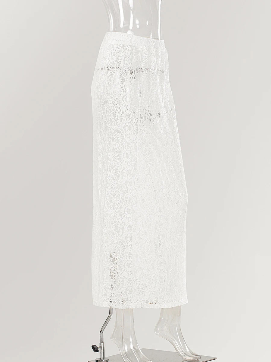 Bxoxo New Jacquard Lace Sheer Long Skirt Women Elastic Waist White Sexy Transparent Maxi Skirts Female Streetwear Fashion Faldas Jupe
