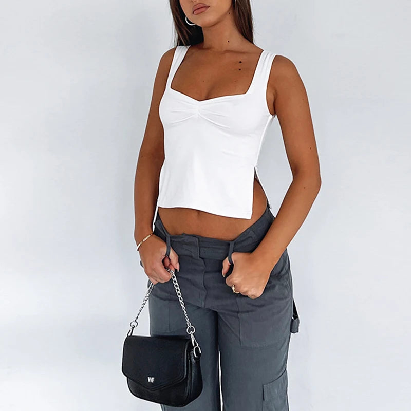 BXOXO Summer White Sexy Tank Tops Women Crop Top Sleeveless Split Slim Streetwear Casual V-Neck Solid Basic Backless Camisole Female