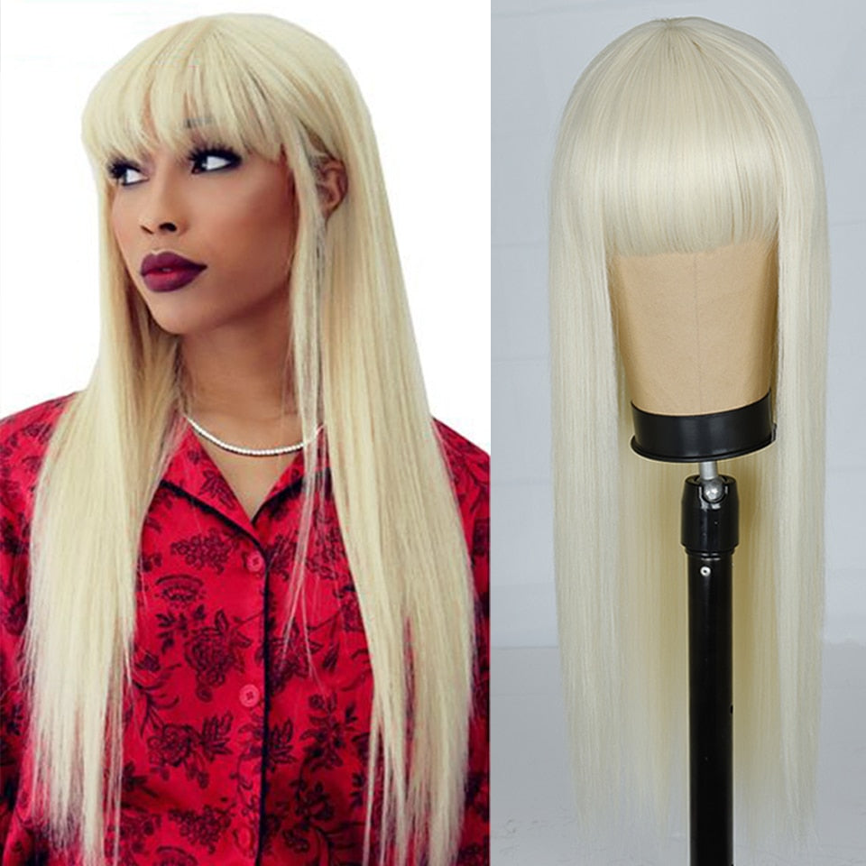BXOXO Synthetic Blonde Wig with Bangs Short Wigs for Women Golden Wig Straight Bob Wig Natural Heat Resistant Wigs 11 Inches for Party
