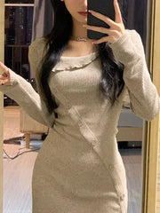 Bxoxo Autumn Square Collar Slim Midi Dress Women Fashion Single Breasted Casual Knitted Dress Elegant Office Lady Wrap Vestidos New