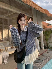 Bxoxo Sweet Knitted Cardigan Vest 2 Piece Sets Women Korean Chic Plaid Shirt Long Sleeve Tops Y2K Fashion Preppy All Match Tanks Suit