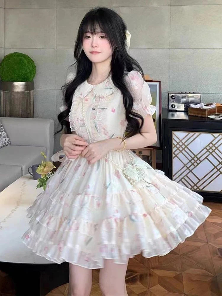 Bxoxo Floral Sweet Mini Dress Women Vintage Cute Ruffles Puffy Sleeve Dress Casual Summer Slim High Quality Elegant Vestidos New