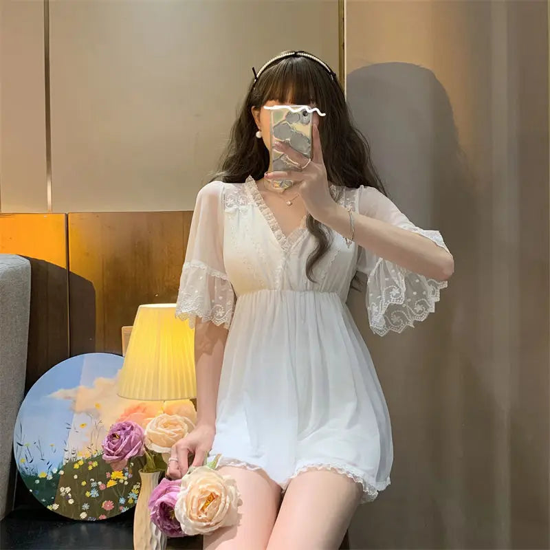 Bxoxo Female White Lace Long Nightgown Sleepwear Retro Palace Style Princess Nightdress Bath Robe Summer Loose Home Dress Nightwear