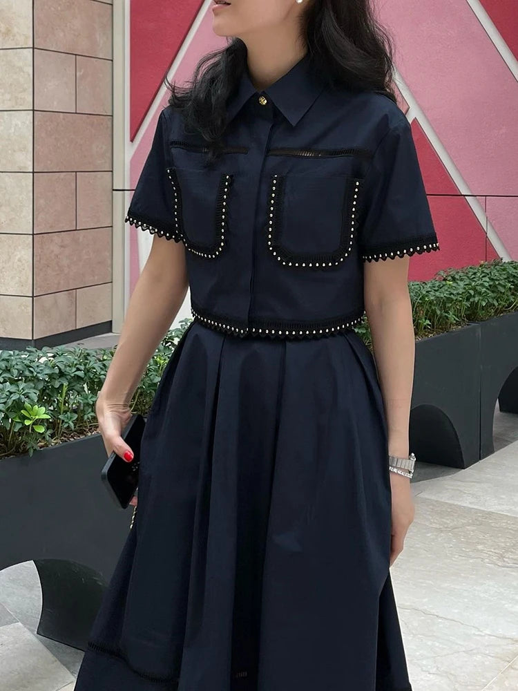 Bxoxo Elegant Two Piece Sets For Women Lapel Short Sleeve Tops High Waist A Line Pleated Skirts Solid Set Female Summer 2023