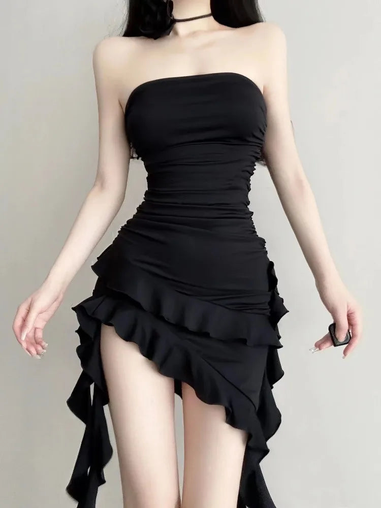 BXOXO Sexy Backless Black Dress for Women 2025 Summer New Slim Waist Ruffles Dresses Y2k E-Girl Irregular Strapless Vestidos Mujer