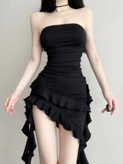 BXOXO Sexy Backless Black Dress for Women 2025 Summer New Slim Waist Ruffles Dresses Y2k E-Girl Irregular Strapless Vestidos Mujer