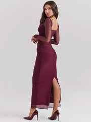 BXOXO  Elegant Sheer Long Sleeve Sexy Maxi Dress For Women Fashion Mesh Strapless Backless Club Party Sexy Long Dress