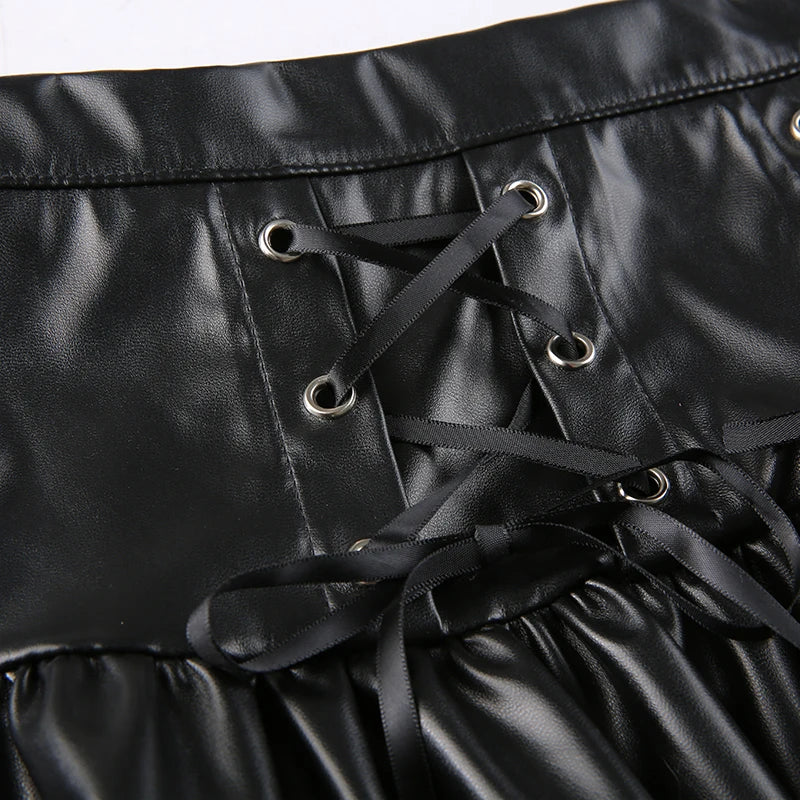 Bxoxo PU Leather Mini Skirts Punk Style High Waist Lace Up Bandage Black Pleated Skirt Streetwear Girls Dark Academia Clothes