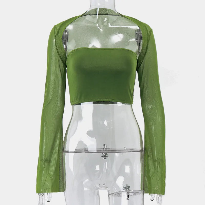 Bxoxo Aesthetic Vintage Women 2 Piece Sets Green Strapless Tank Top With Sexy Mesh Sheer Flare Long Sleeve Shawl Street Outfit