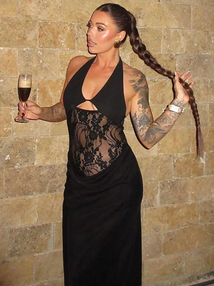 BXOXO  Sheer Lace Hollow Out Sexy Maxi Dress For Women Gown Halter Deep V Neck Sleeveless Backless Bodycon Long Dress