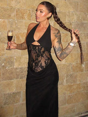 BXOXO  Sheer Lace Hollow Out Sexy Maxi Dress For Women Gown Halter Deep V Neck Sleeveless Backless Bodycon Long Dress