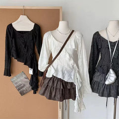Bxoxo Irregular Patchwork Women T Shirts Y2K Fashion Gothic Ruffled Sleeve Female Tops Streetwear Sexy Hollow Out Hole Casual Tees New