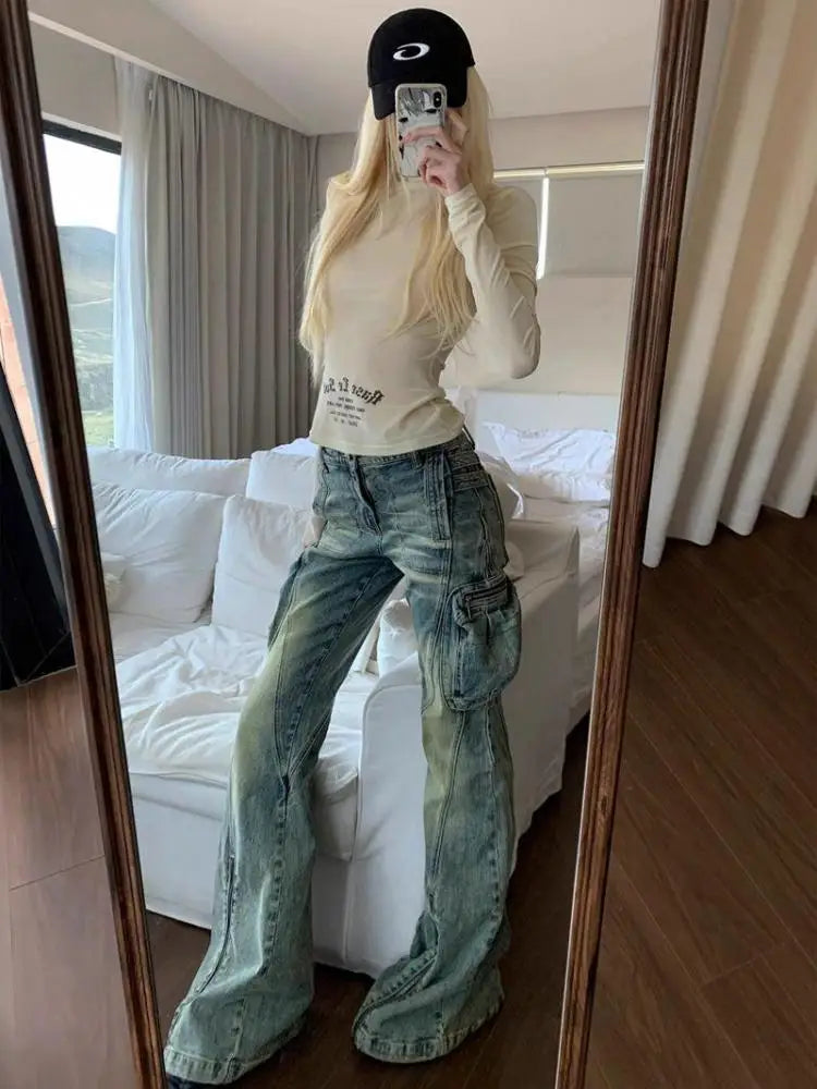 BXOXO Y2k Vintage T Shirt Women Turtleneck Skinny Long Sleeve Print Letter Tops Streetwear 2000s Japanese Grunge Tops Autumn