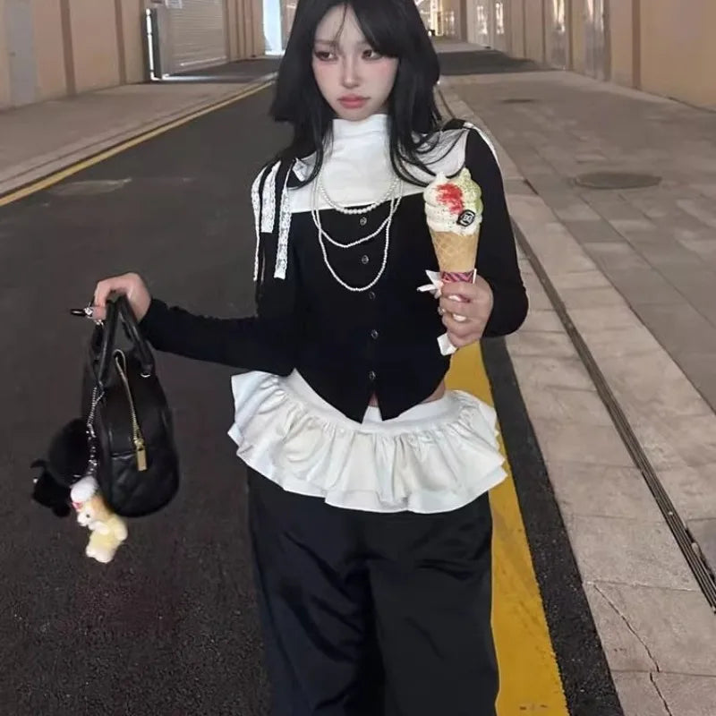 Bxoxo Y2k Black Vintage Women Skirt Pants Kawaii Patchwork Harajuku Korean Style Sweatpants Wide Leg Baggy Trousers Youthful
