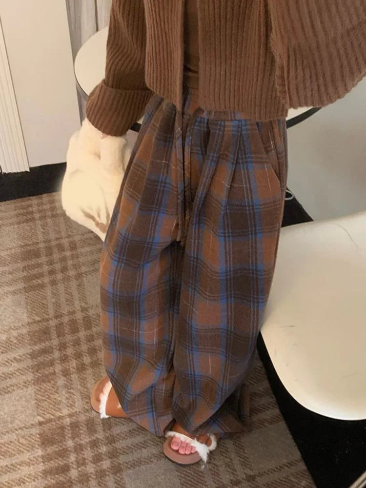 Bxoxo Faux Woolen Warm Plaid Pants Women Vintage Harajuku High Waist Wide Leg Trousers Streetwear Retro Loose Casual Fall Winter Pant