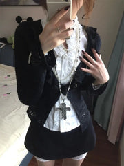 BXOXO Goth Women Two Pieces Set Hot girl Punk Y2k Cross Lace Slim Cardigan 2000s Harajuku Short Skirt Hollowed Out Butterfly Sleeve