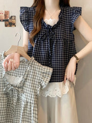 BXOXO Lace Patchwork Plaid Shirt Women Casual Loose Flying Sleeve Vintage Blouse Preppy Style Sweet Korean Lady Retro Summer Tops