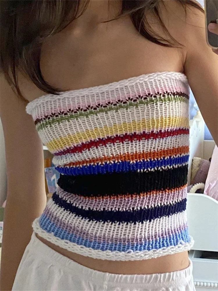 BXOXO Women Y2K Knitted Tube Tops Contrast Color Stripe Strapless Slim Bandeau Crop Tops Summer Casual Sexy Chic Tank Top