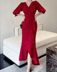 BXOXO Elegant Midi Red Mermaid Dress Women Autumn Korean Sexy V-neck Irregular Sequins Dress Vintage Casual Evening Party Dress