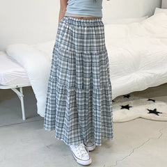 Bxoxo Lady Plaid Print Loose Long Skirts Summer Vintage 2000s Elastic Low Rise A-line Skirts for Women y2k Aesthetic