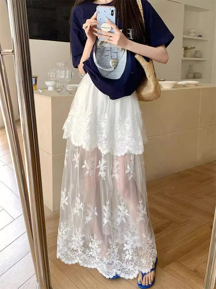 Bxoxo French Elegant Lace Midi Skirts Women Summer New Chic Patchwork Mesh Y2K Female High Waist Jacquard All Match A Line Skirts
