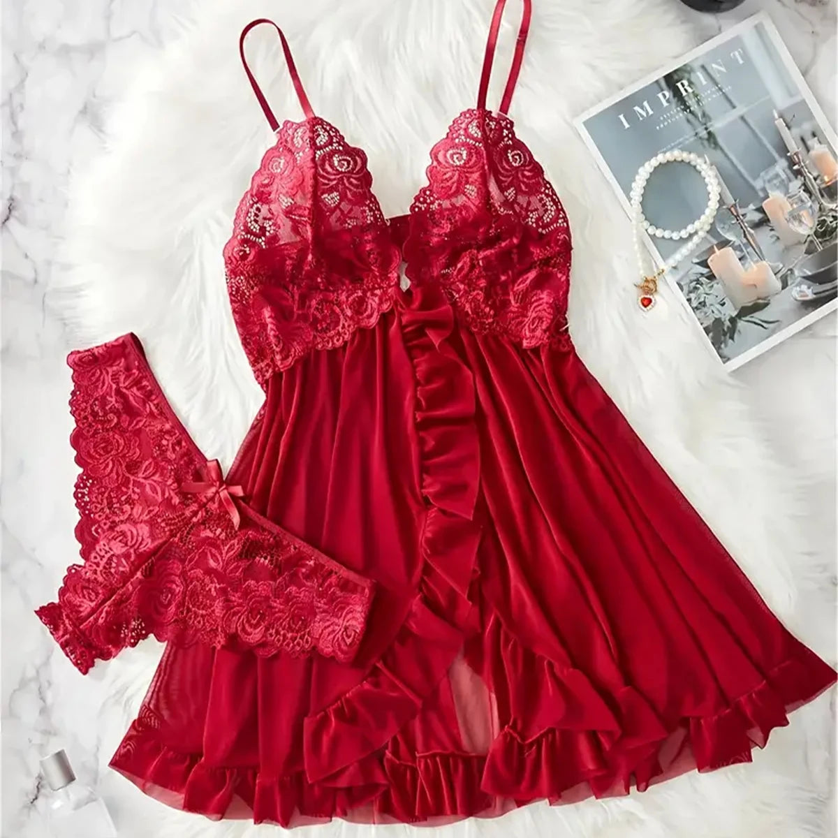 BXOXO Red Sexy Lingerie Erotic Underwear Sets Transparent Porno Lace Bra And Panty Set Lingerie women Hot Sleepwear Babydoll Dress