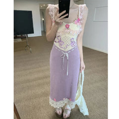 BXOXO Heavy-Work Knitted Purple Strap Dress Women's French Vintage Design Sensation Beauty Flower Banquet Empire Waist Gown