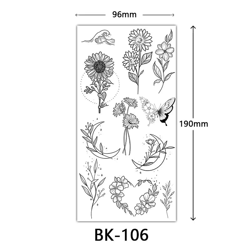 BXOXO Black Large Flower False Tattoo Sticker For Women Rose Peony Temporary DIY Water Transfer Tattoos Girls Hand back Body Art