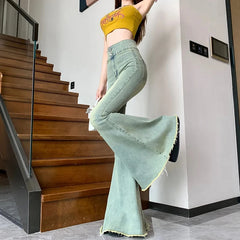 Bxoxo Y2K Vintage Raw Edge Flare Jeans Women Korean High Waist Slim Denim Pants Solid Hip Hop Streetwear All Match Wide Leg Trousers