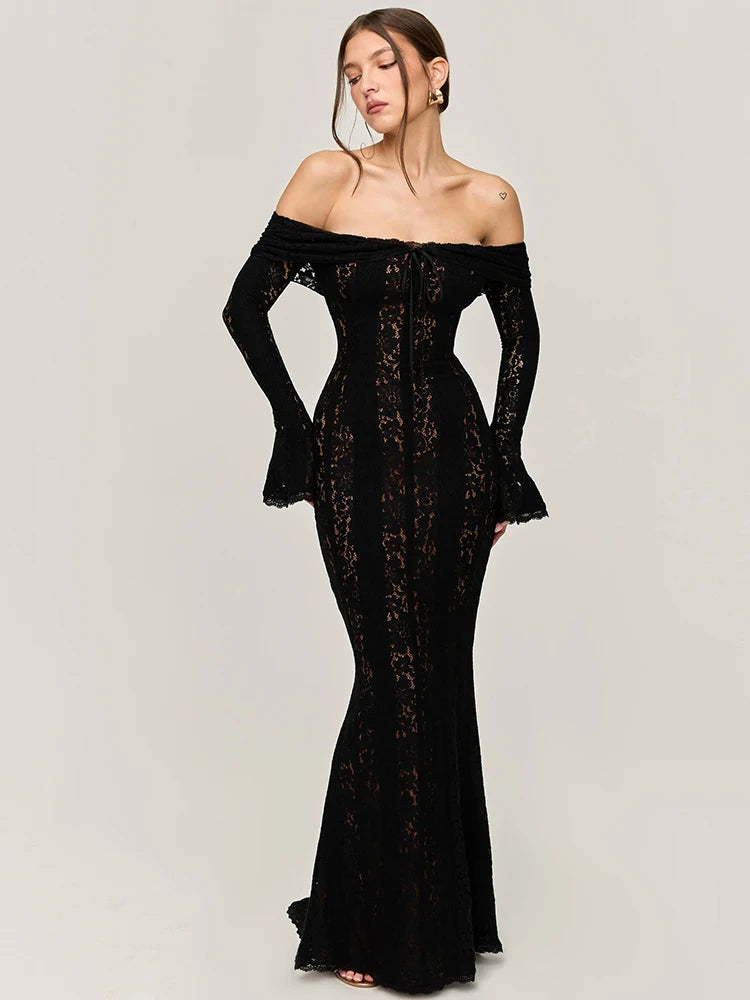 BXOXO  Lace Off-shoulder Sexy Maxi Dress Women Strapless Backless Long Sleeve Bodycon Evening Club Party Long Dress Elegant