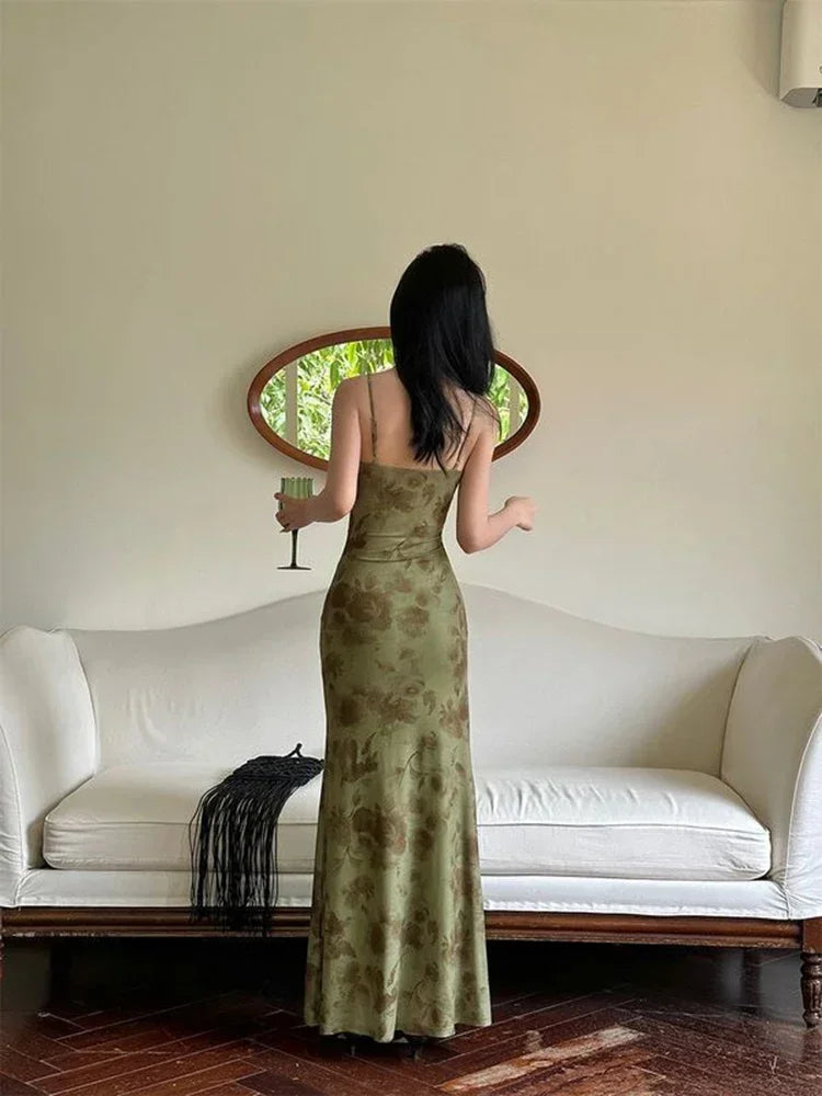 Bxoxo Retro Printed Camis Dress Women Summer Sexy Slim Spaghetti Straps Backless Party Dress Korean Chic Elegant Beach Vestidos New