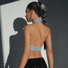 Bxoxo Y2K Shinny Backless Tank Top Sexy Deep V-neck Bandage Halter Crop Tops Aesthetic Irregular Shape Skinny Slim Women Camis