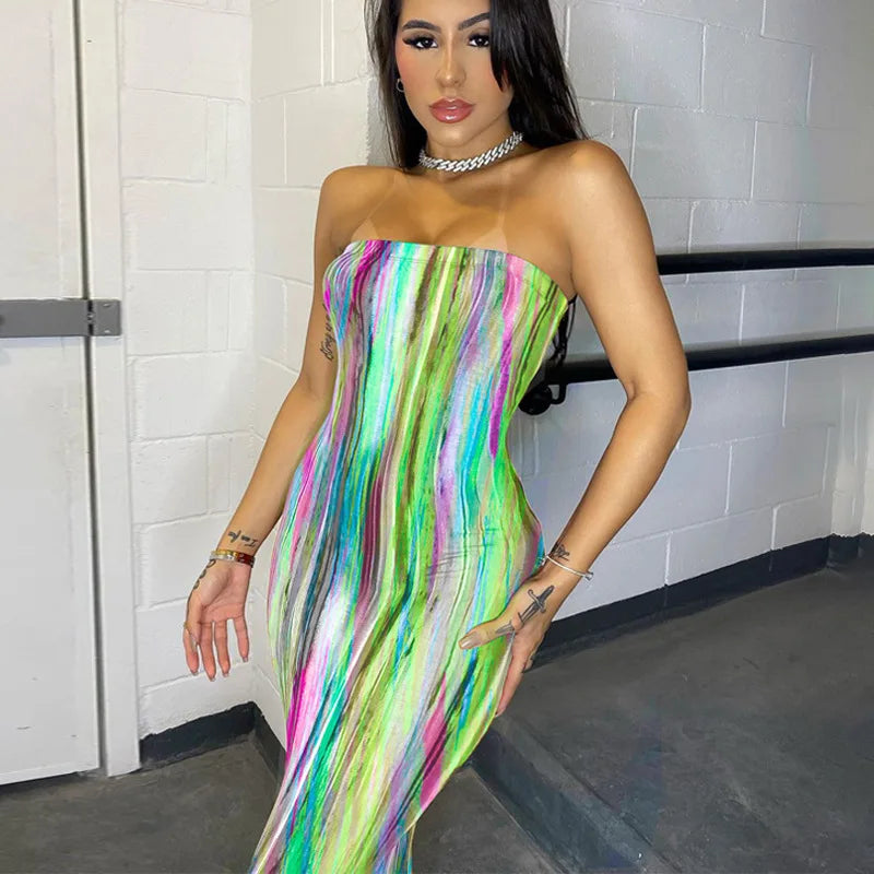 BXOXO Spring/Summer Women's Colorful Tie Dye Print Off Shoulder Wrapped Chest Dress