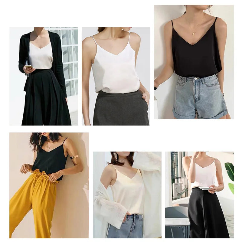 Bxoxo Spaghetti Strap Top Women Halter V Neck Basic White Cami Sleeveless Satin Silk Tank Tops Women'S Summer Camisole