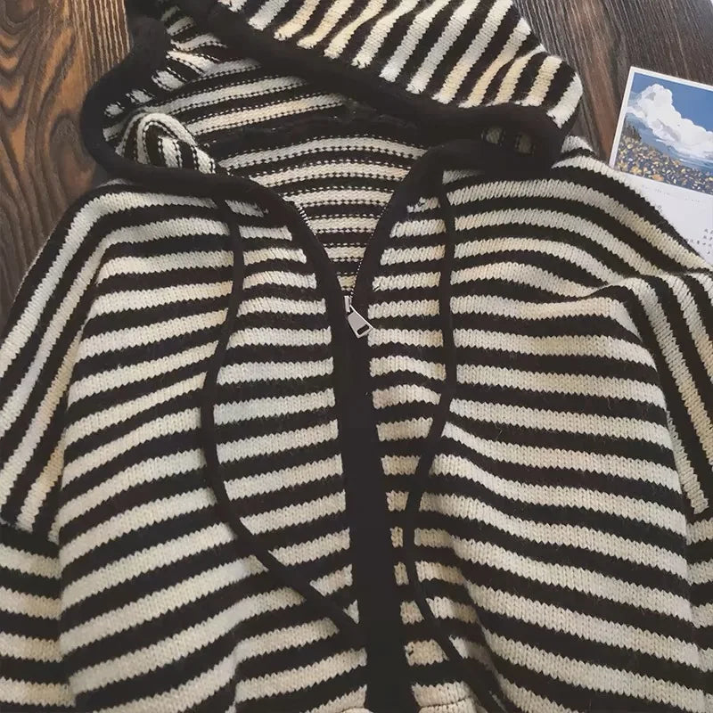 BXOXO Vintage Striped Sweaters Cardigan Women Casual Korean Style Zip Up Knitwear Harajuku Loose Black White Knitted Coats
