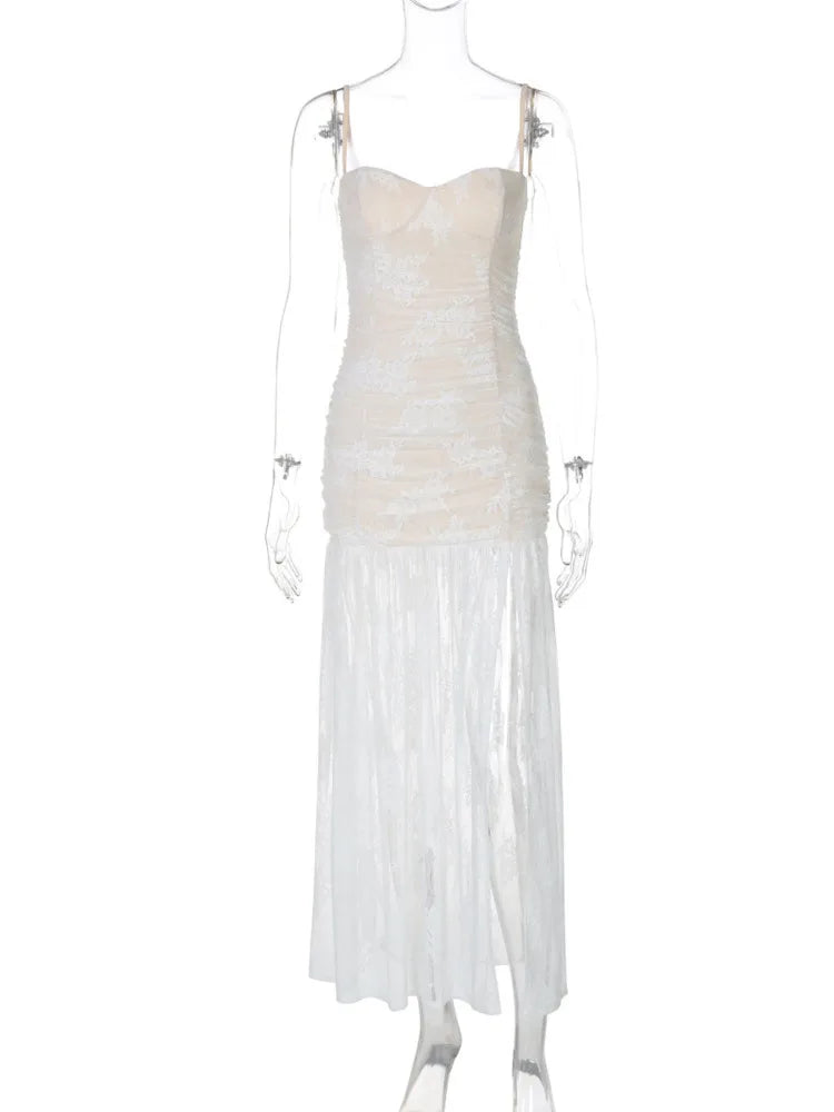 BXOXO Spaghetti Strap Lace Sexy Maxi Dress For Women Gown Black Sleeveless Backless Thigh High Split Bodycon Long Dress