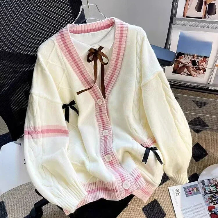 BXOXO Sweet Bow Knitted Cardigans Y2k Aesthetic All Match Contrast Color Coats Fashion Single Breasted Women Kawaii JK Sweaters Jumper