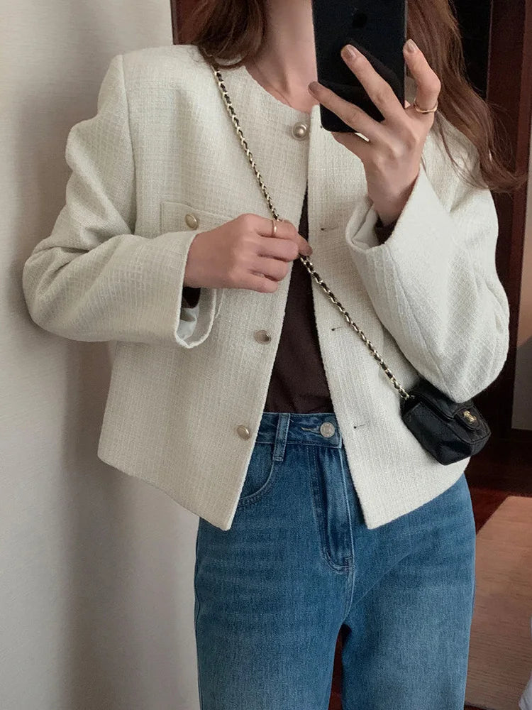 Bxoxo Elegant Chic Tweed Jacket Women O Neck Slim Long Sleeve Fashion Short Coats Casual French Sweet Small Fragrance Outwear Lady New