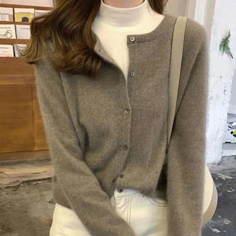 BXOXO Cold Weather Outfits Fall Solid Color Knitted Cardigan Women Korean Single Breasted Long Sleeve Jumper Woman Round Neck All Match Sweater Outwear Top