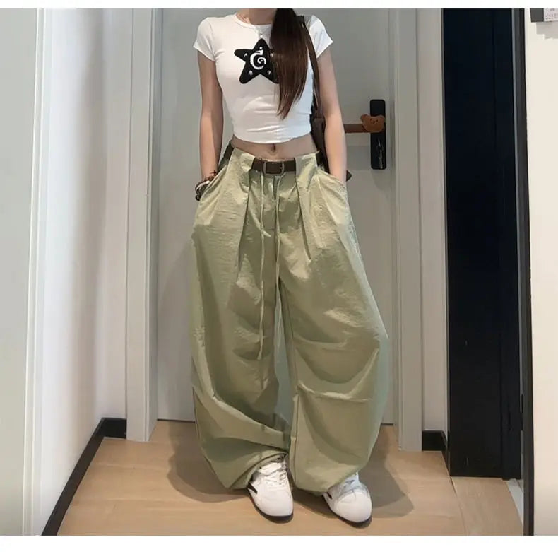 Bxoxo White Basic High Waist Wide Leg Women Pants Solid Color Korean Fashion Parachute Trousers Baggy Lace Up Youthful Summer