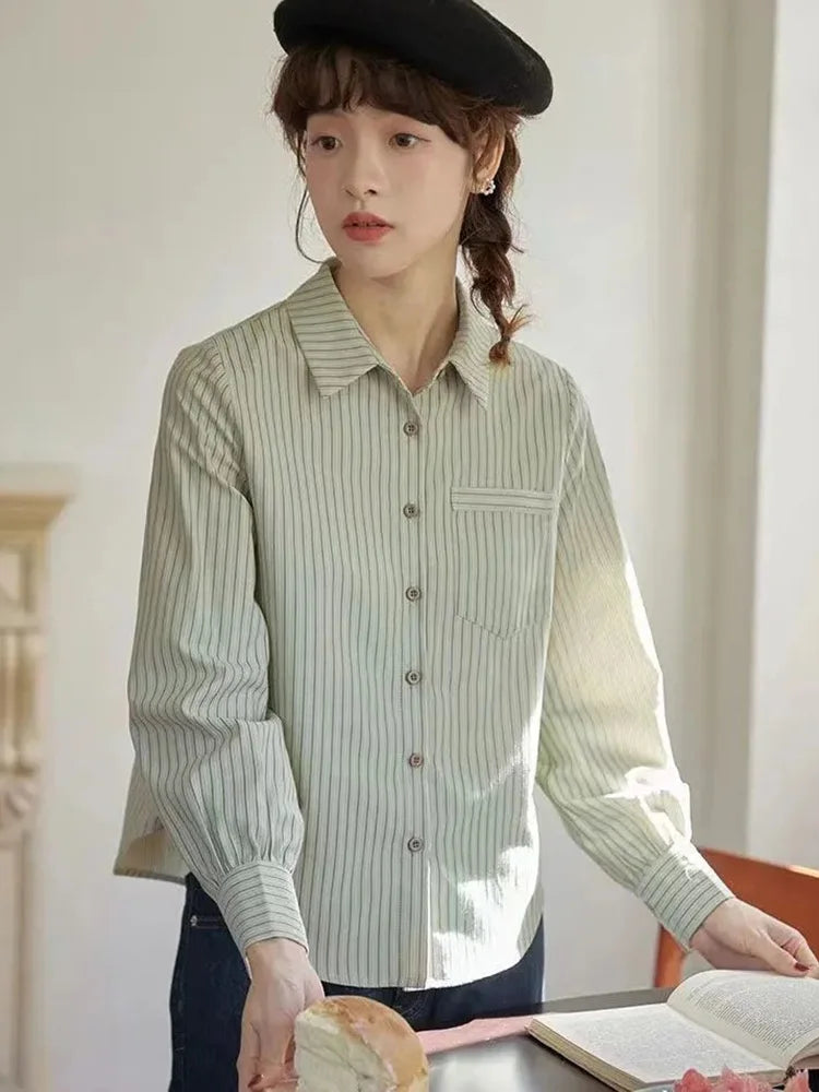 Bxoxo Preppy Style Retro Striped Shirt Women Long Sleeve Elegant Sweet Blouse Japan Casual Pocket Fall Female Simple Vintage Tops New