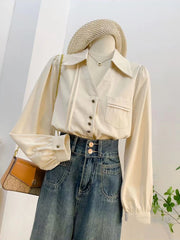 Bxoxo Korean Long Sleeve Shirt Women Autumn Loose Lapel Tops Harajuku Single Breasted Simple Basic All Match Ladies White Blouse