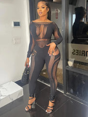 BXOXO Sexy Knitted Hollow Out One Piece Pajama Tight Seductive Jumpsuit Women Elastic Slim Pencil Pants Party Night Clubwear