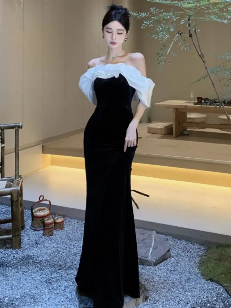 Women Sexy Off Shoulder Party Dress New Slim Waist French Patchwork Elegant Lady Maxi Fashion Solid A-line Vestidos Mujers