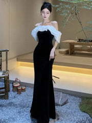 Women Sexy Off Shoulder Party Dress New Slim Waist French Patchwork Elegant Lady Maxi Fashion Solid A-line Vestidos Mujers