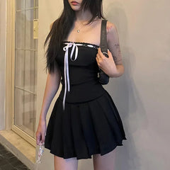 BXOXO French Style Slim Mini Dresses Chic Y2K Lace-up Strapless Outfits Vintage Aesthetic Casual Fit and Flare Clothes