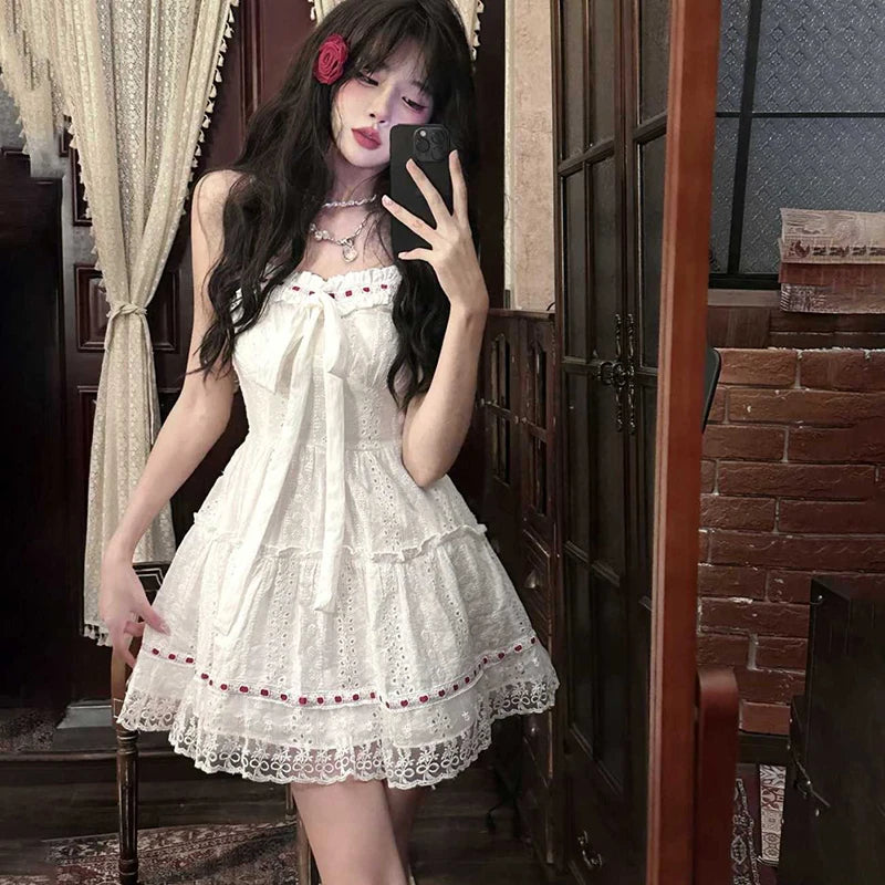 Bxoxo Sweet Lace Patchwork Camis Dress Women Sexy Spaghetti Straps Bow Dress Female Casual Cute Princess Wedding Party Dress New